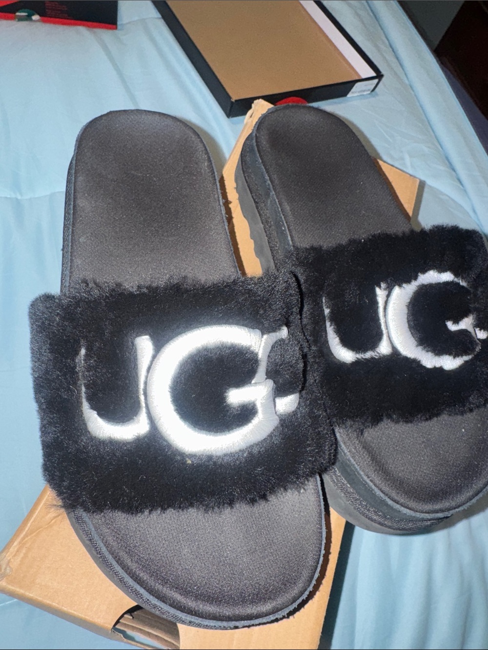 UGG Black Fuzzy Logo Slide Sandals with White Logo